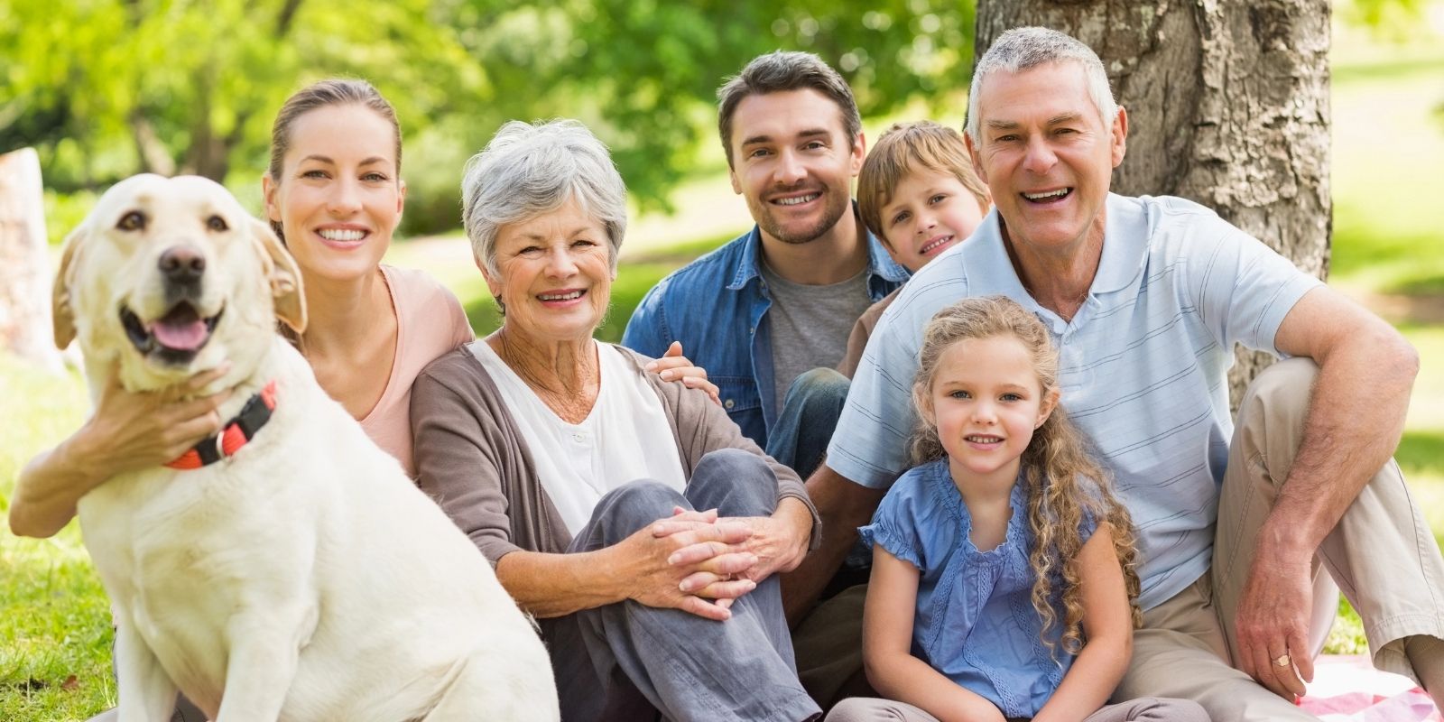 Extended family at park with dog