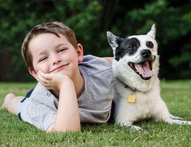 Young boy with his dog lying on the grass